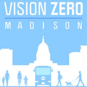 Vision Zero Madison logo: white on pale blue skyline of Madison behind a bus and people walking and biking