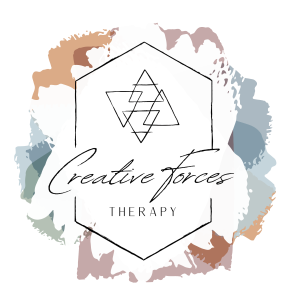 Logo for Creative Forces Therapy. Shows the name of the company inside of a simple hexagon and surrounded by different colors that look like paint.