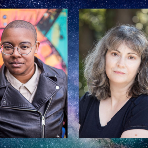 Headshot of Rivers Solomon next to headshot of Martha Wells, both against a starry background