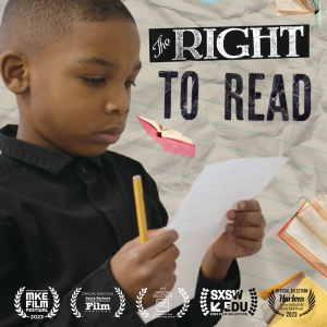 The Right to Read movie poster, depicts a young, serious-looking African-American boy holding a piece of paper and pencil