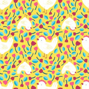 An artist pattern of chickens and flowers on a yellow background