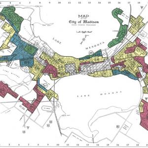 1937 Home Owners Loan Corportation map of Madison. Areas with more "negroes or foreign-born" are marked in red for "highest risk." 