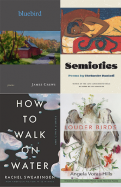 Book covers for Bluebird, Semiotics, How to Walk on Water, and Louder Birds
