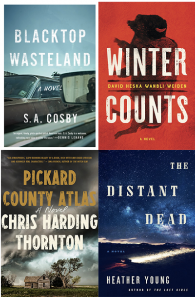 Book covers for Blacktop Wasteland, Winter Counts, Pickard County Atlas, and The Distant Dead.