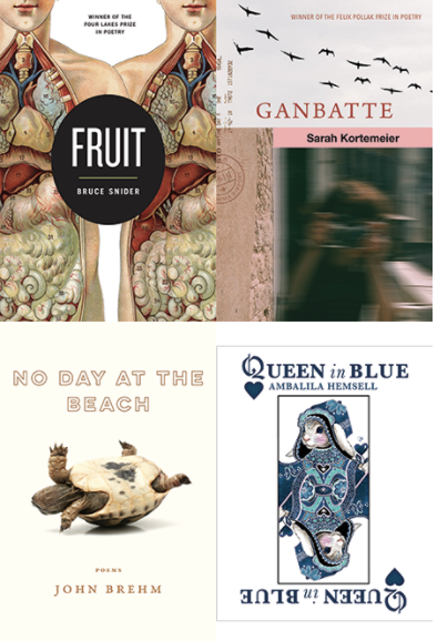Book covers for Fruit, Ganbette, No Day at the Beach, and Queen in Blue.