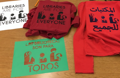 Libraries are for everyone prints in English, Spanish, and Arabic
