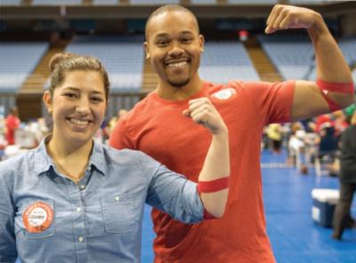 Two happy people who have just given blood, in .jpg format