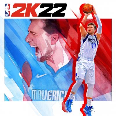 Image of a person playing basketball in front of a red and blue background. In the top-left corner of the image is the NBA's logo next to "2k22" in a bold italic font.