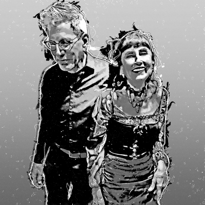 A stylized portrait of the members of Essentual BeatZ, Dave Nelson and Virginia Rose.