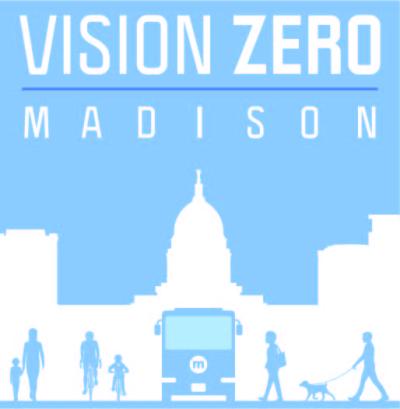 Vision Zero Madison logo: white on pale blue skyline of Madison behind a bus and people walking and biking