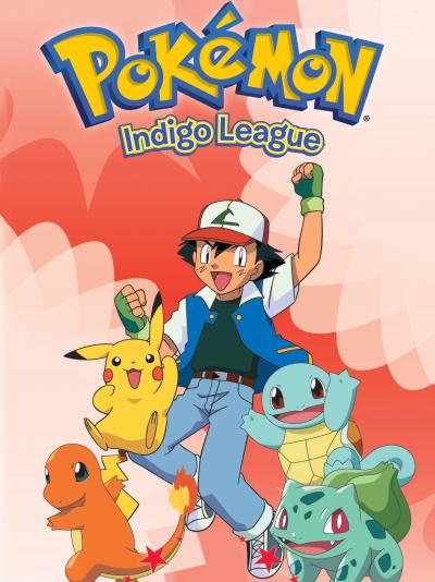 Cover image for the anime series Pokemon: Indigo League. The title of the show is written near the top of the image. Underneath is the show's main character, Ash, and four of the Pokemon featured in the show-- Charmander, Pikachu, Squirtle, and Bulbasaur.