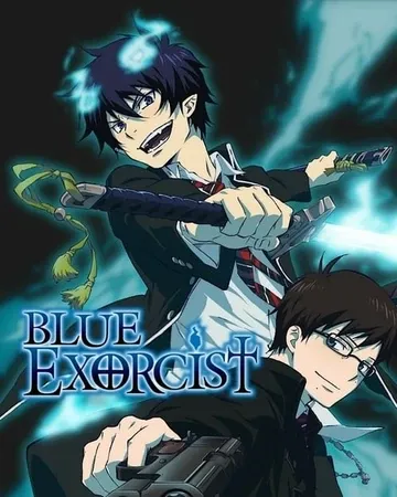 Cover image for the anime Blue Exorcist. Shows two of the characters in front of a dark background. The title of the show is written in all-caps blue font at the bottom left of the image.