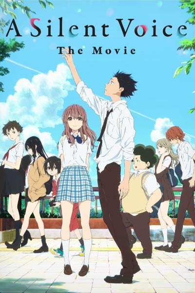 Cover image for the movie A Silent Voice. Shows the movie's two main characters standing on a sidewalk in front of a small crowd of other people. Behind them is a blue sky with some puffy clouds in it, and black text near the top of the image reads "A Silent Voice: The Movie".