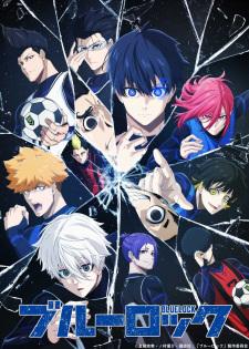 Cover image for the anime Bluelock. Shows the cast of the show as if reflected in a shattered mirror. The title of the show is written in Japanese along the bottom of the image.