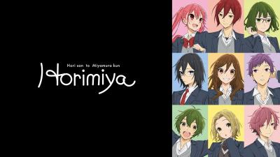 Cover image for the anime Horimiya. The left side of the image shows a black background with the title of the show written in white. The right side of the image shows a 3x3 grid with each square showing one of the show's characters. 