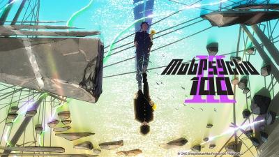 Cover image for the anime Mob Psycho 100. Shows the title character standing in a shallow body of water with the title of the show next to him.