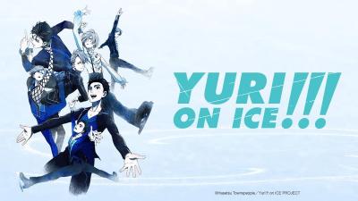Cover image for the anime Yuri on Ice. Shows several of the show's characters ice skating on the left side of the image, and the title of the show written in light blue capital letters on the right side of the image. 
