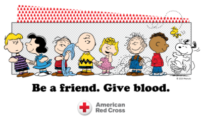 A picture of Charlie Brown, Snoopy, and friends, with the message "Be a friend. Give blood."