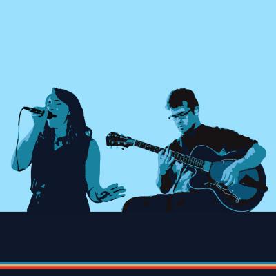 A stylized blue image of Helen on vocals and Anthony playing guitar