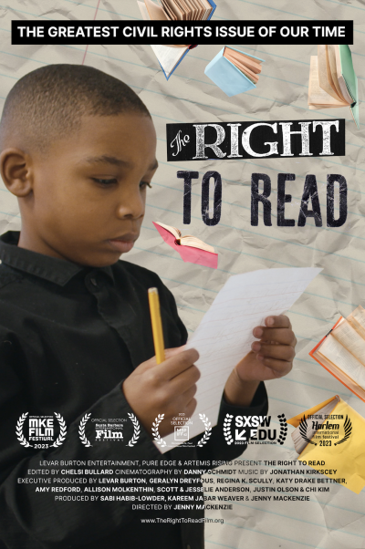 The Right to Read movie poster, depicts a young, serious-looking African-American boy holding a piece of paper and pencil