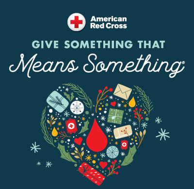 A graphic design from the Red Cross featuring a heart made of gifts and blood