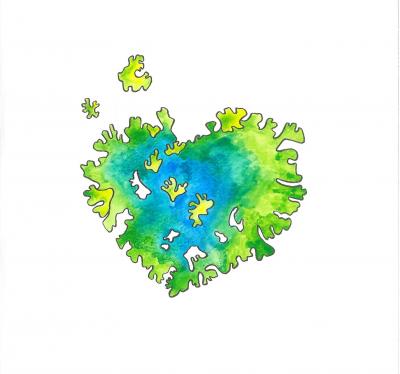 Lichen heart shape watercolor in blue and green