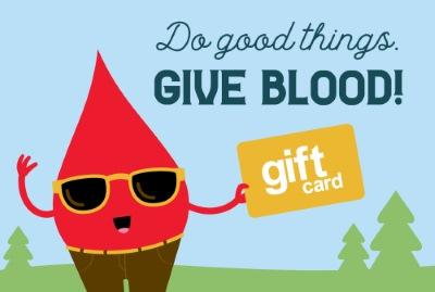 A cartoon drop of blood wearing sunglasses, encouraging you to "Do good things. Give blood!"