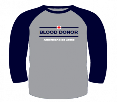 A gray-and-black long-sleeved t-shirt with the words "Blood Donor" and "American Red Cross" on it