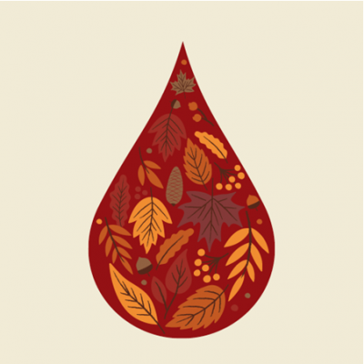 A stylized blood drop containing autumn leaves and pinecones