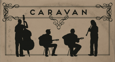 A stylized image for the band Caravan, with the four members playing their instruments in silhouette