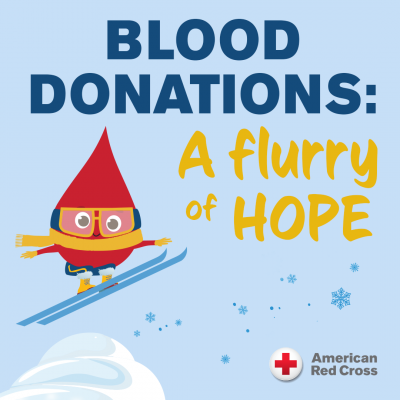 A cartoon blood drop who is skiing, with the text "Blood Donations: A flurry of hope"