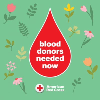 A cartoon drop of blood reading "blood donors needed now", surrounded by spring flowers and the American Red Cross logo