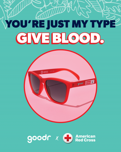 A photo of red-framed sunglasses with the text "You're just my type. Give blood."