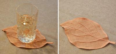 example image of craft. two photos of fabric leaf. One has a clear glass on top.