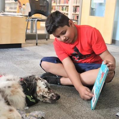 A child shows the cover of a book to a relaxed dog.