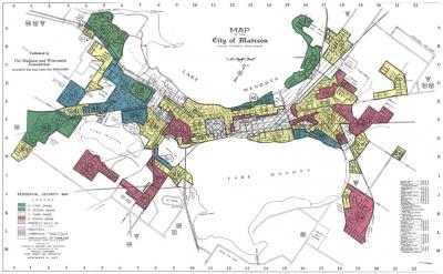 1937 Home Owners Loan Corportation map of Madison. Areas with more "negroes or foreign-born" are marked in red for "highest risk." 