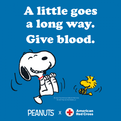 Snoopy and Woodstock illustrate a Red Cross image that says "A little goes a long way. Give blood."