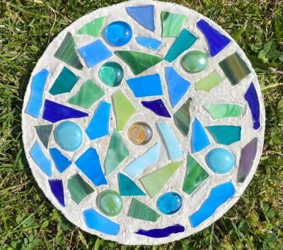 blue and green mosaic garden stone